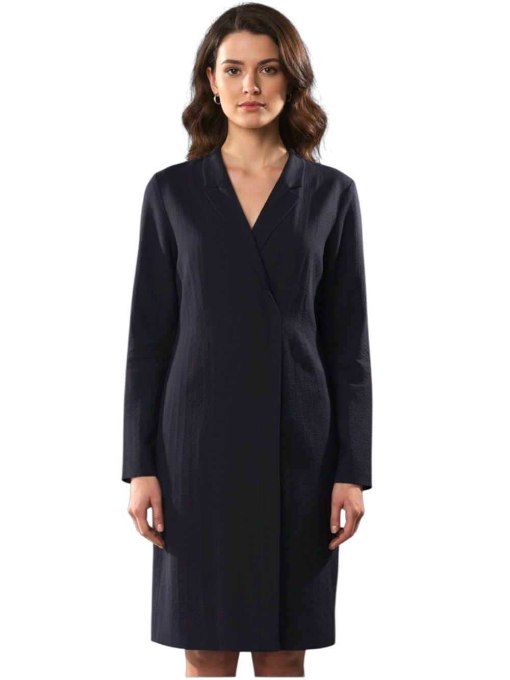 COS Textured Wool Navy Blue Shirt Blazer Midi Dress Coat-Dress